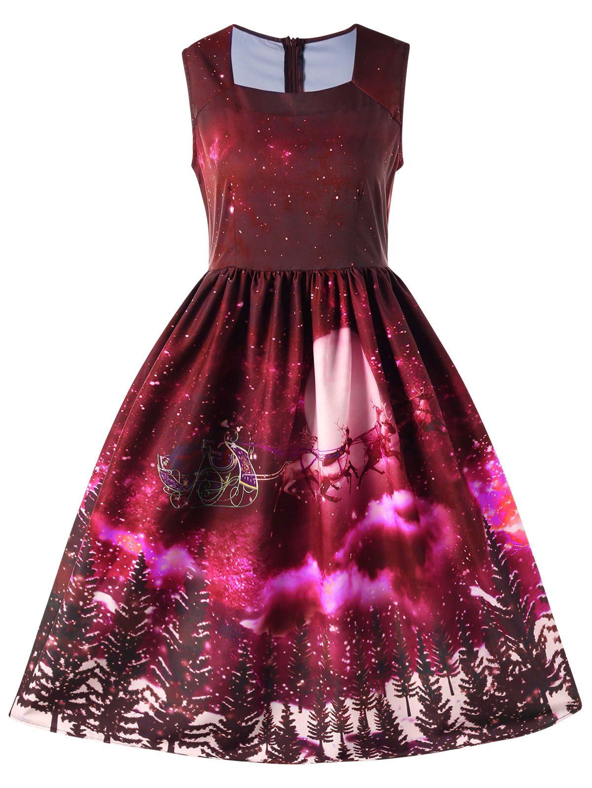 

Christmas Sleeveless Square Neck 50s Swing Dress, Red