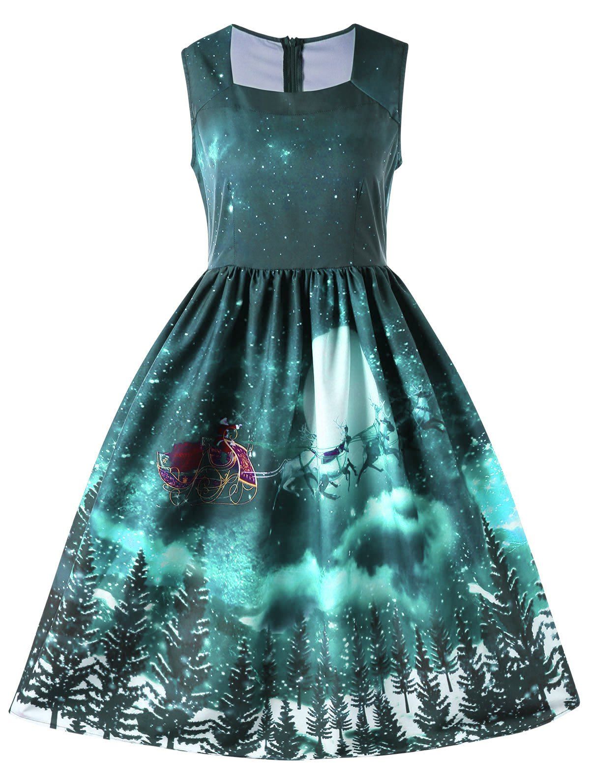 

Christmas Sleeveless Square Neck 50s Swing Dress, Green