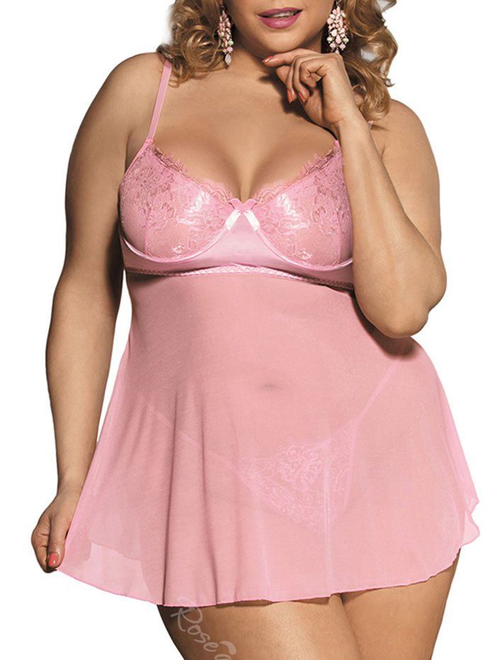 

Plus Size Mesh See Thru Slip Babydoll, Pink