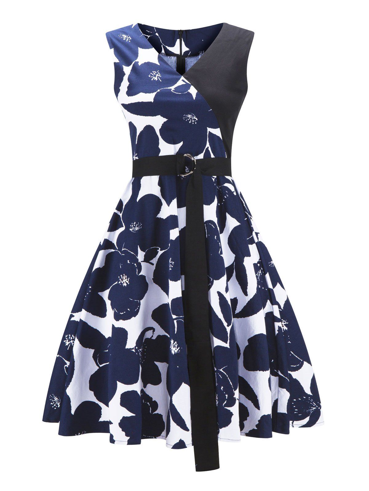 

Vintage Color Block Floral Print Pin Up Dress, Cerulean