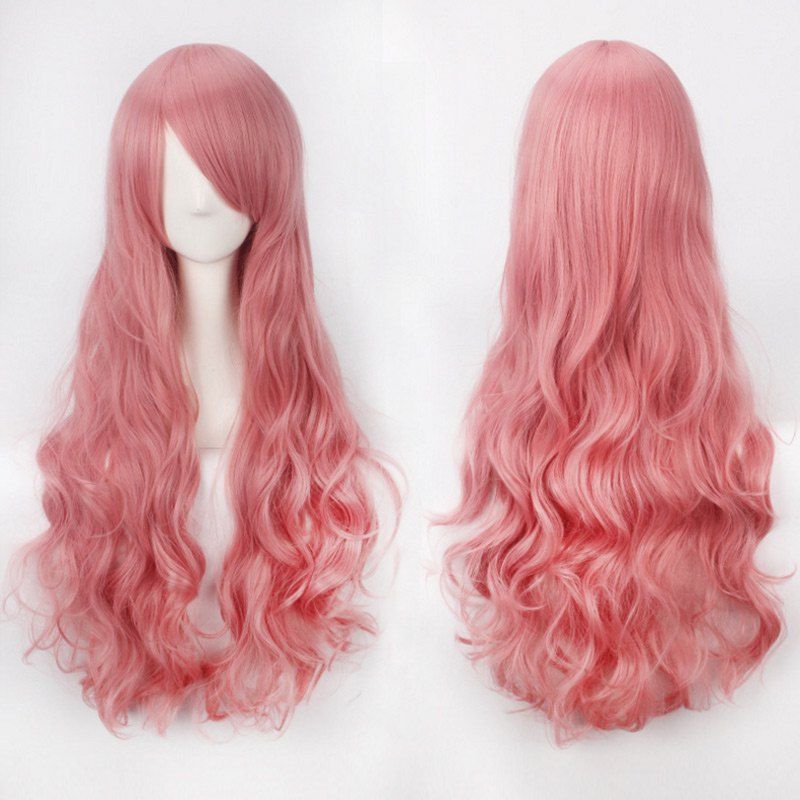 

Ultra Long Side Bang Fluffy Curly Synthetic Party Wig, Light pink