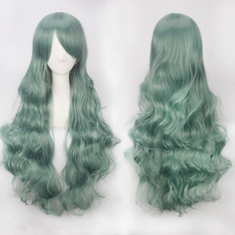 

Ultra Long Side Bang Fluffy Curly Synthetic Party Wig, Blackish green
