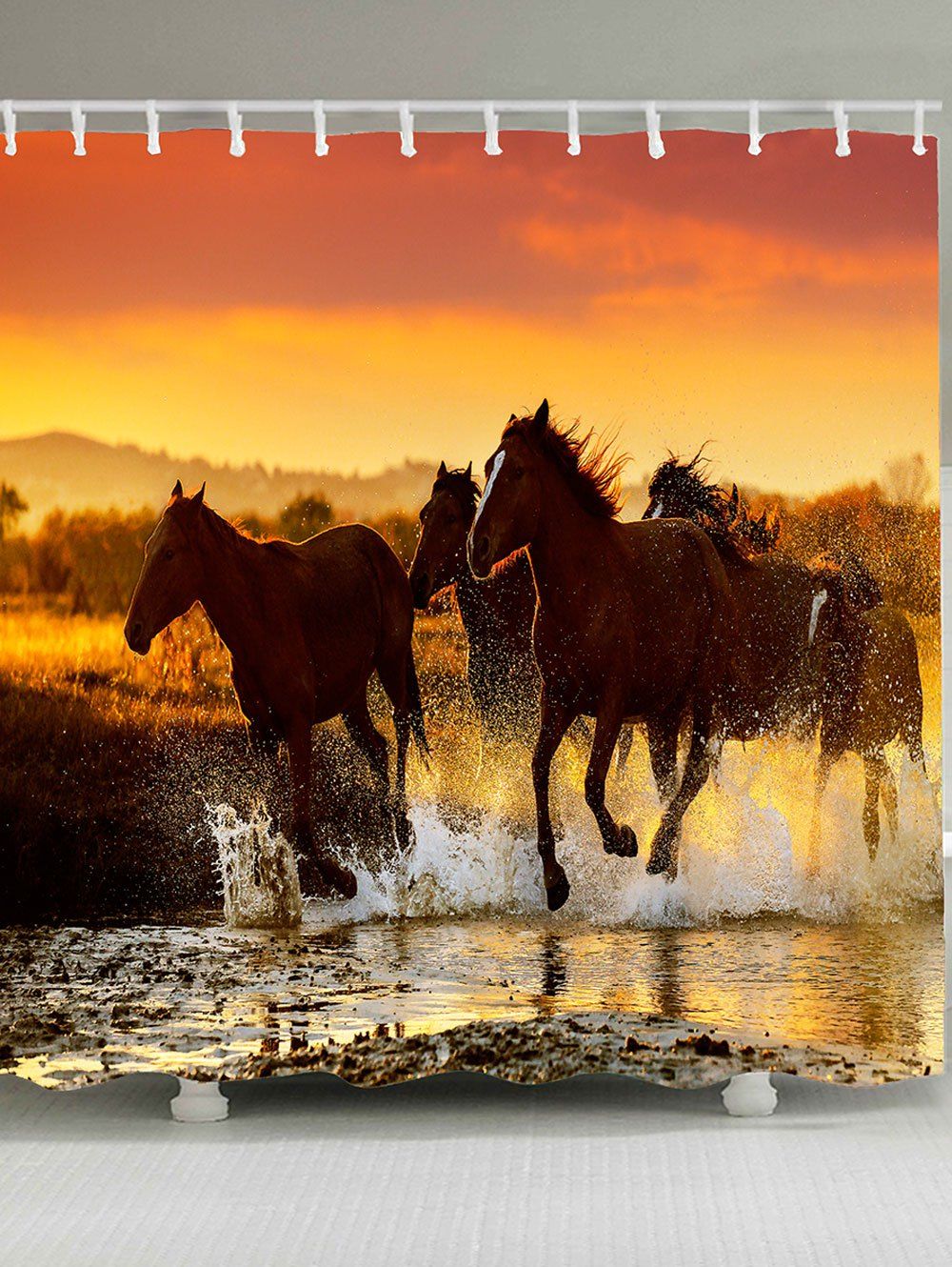 

Waterproof Sunset Horses Pattern Shower Curtain, Yellow
