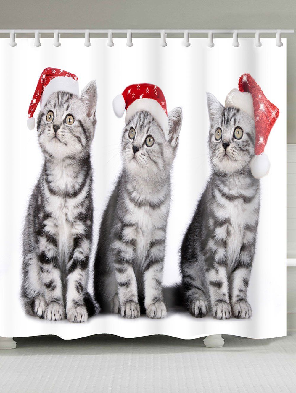 

Three Christmas Cats Pattern Shower Bath Curtain, Red + white + gray