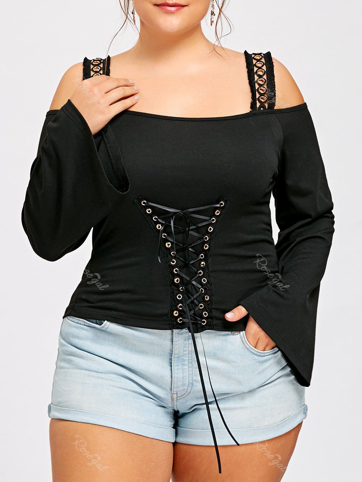 

Plus Size Open Shoulder Lace Up Gothic Top, Black