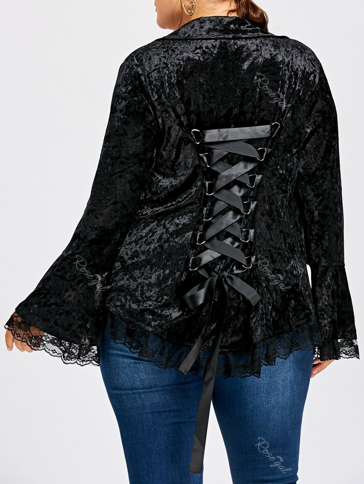 

Plus Size Flare Sleeve Lace Up Velvet Coat, Black