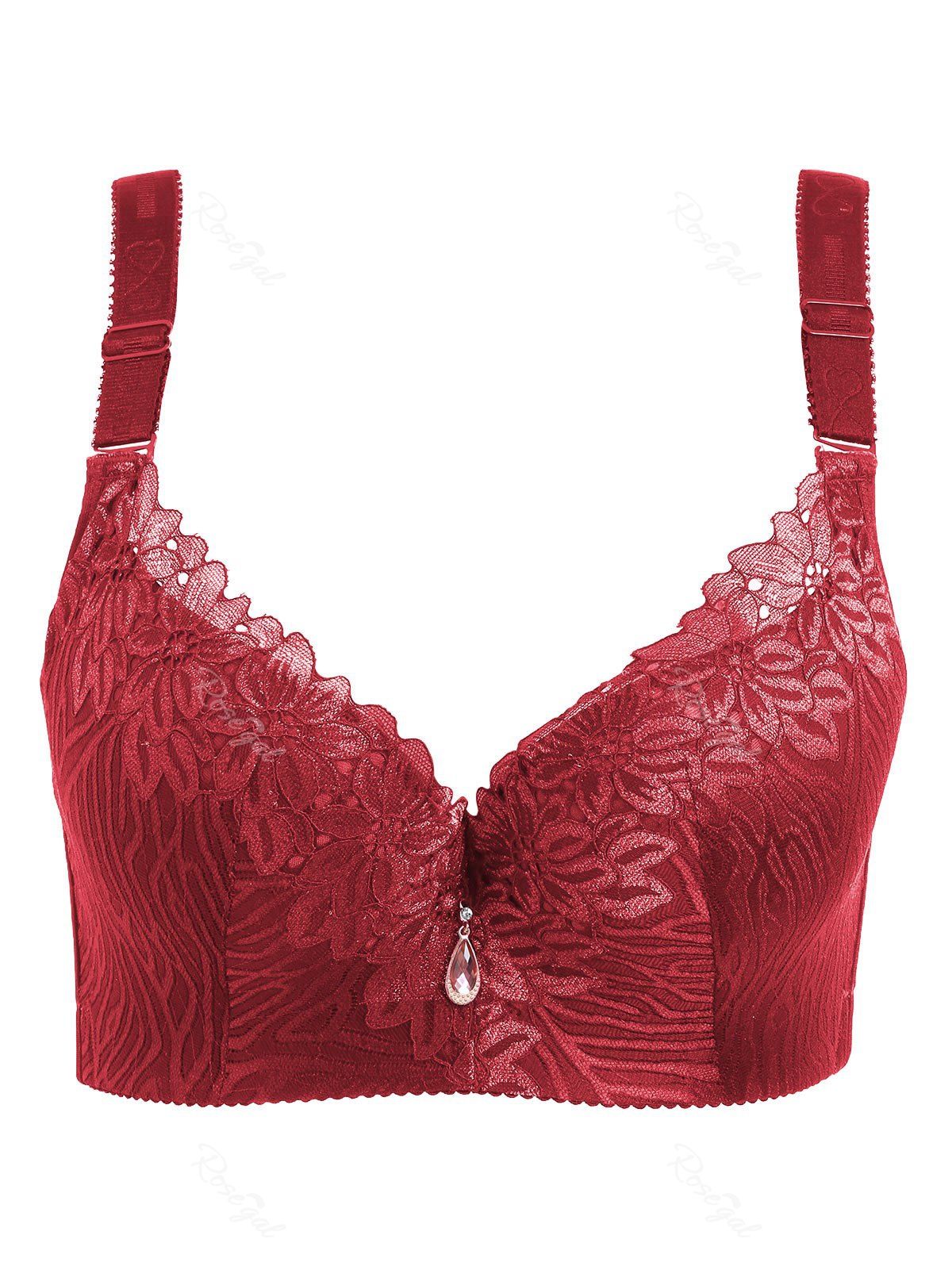 

Plus Size Floral Lace Panel Padded Wirefree Bra, Red