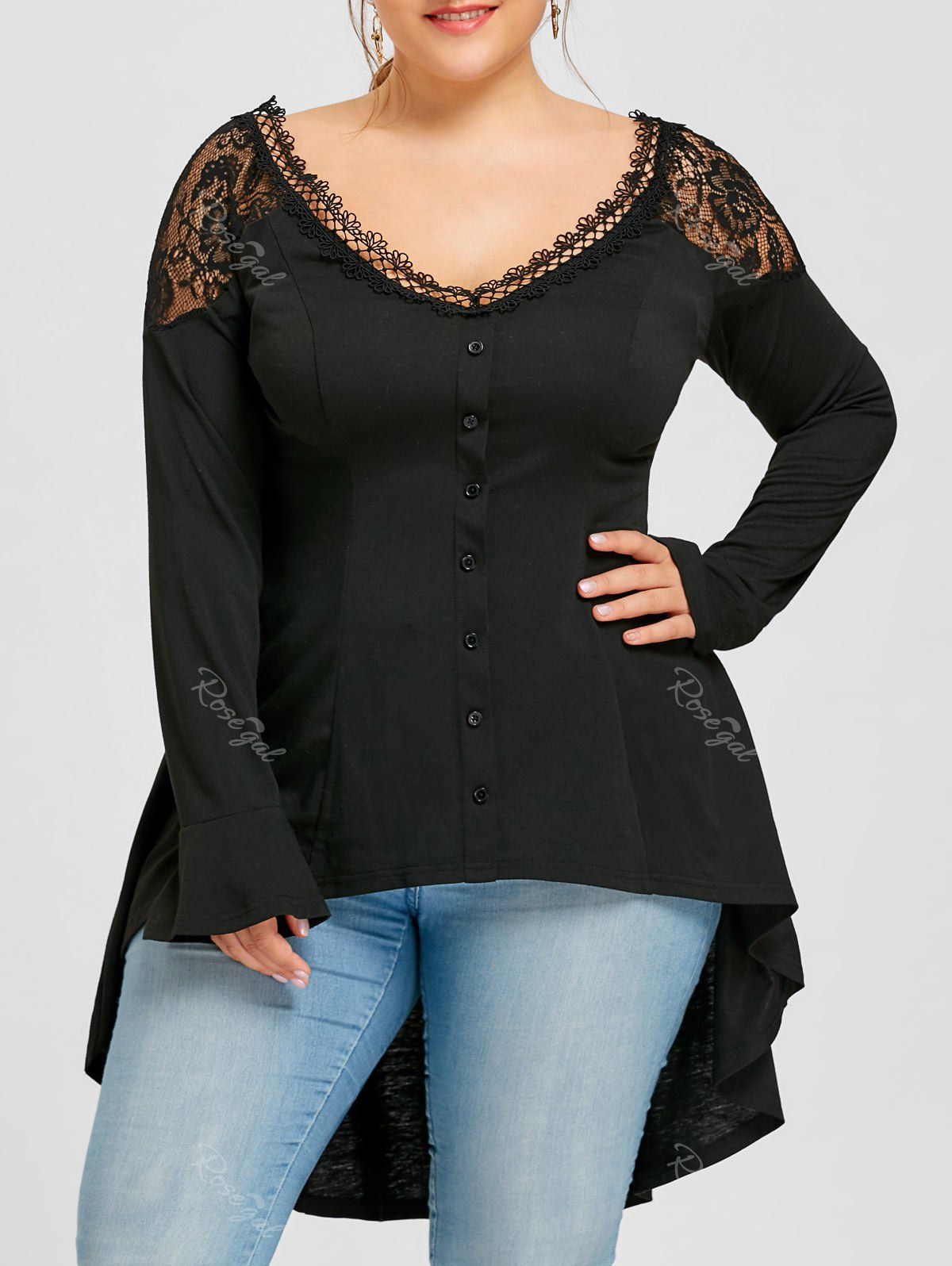 

Plus Size Lace Trim Dip Hem Top, Black