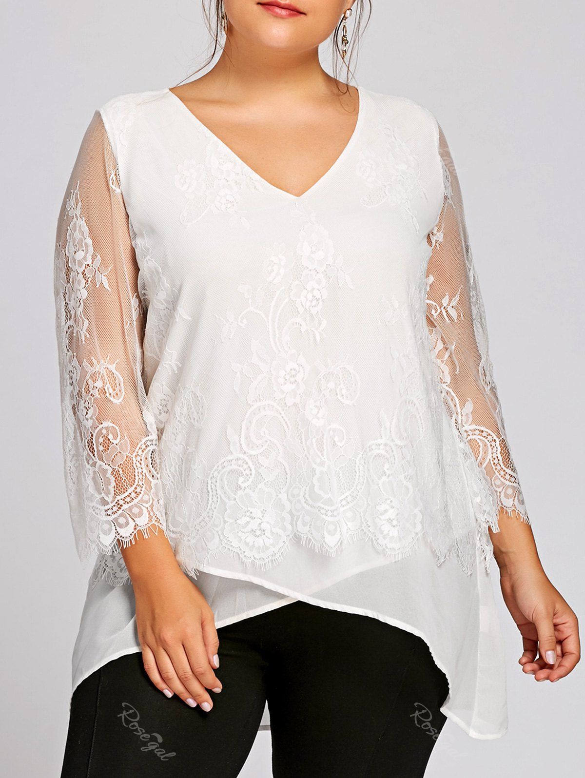 

Plus Size Lace Panel V Neck Blouse, White