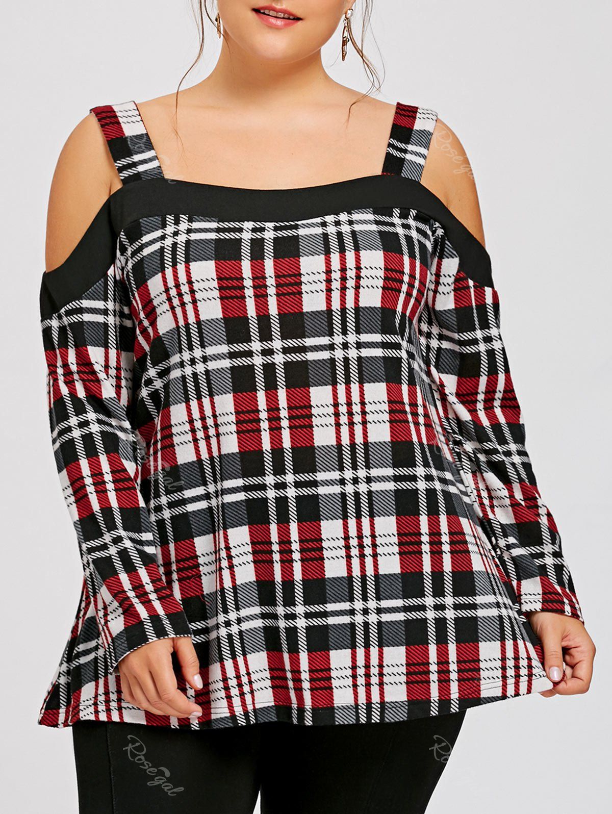 

Plus Size Plaid Cold Shoulder Long Sleeve T-shirt, Checked