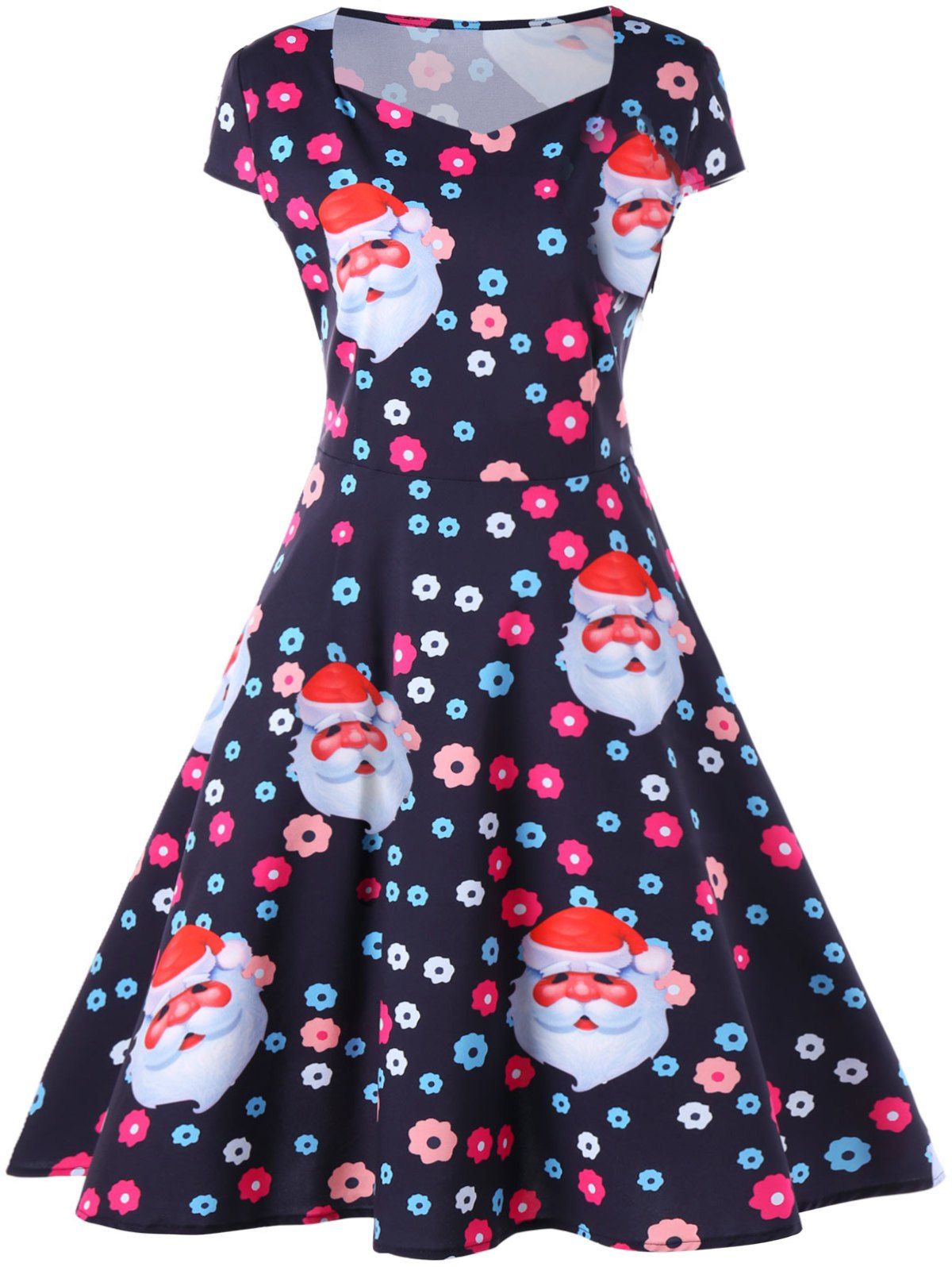 

Christmas Floral and Santa Print Flare Dress, Black