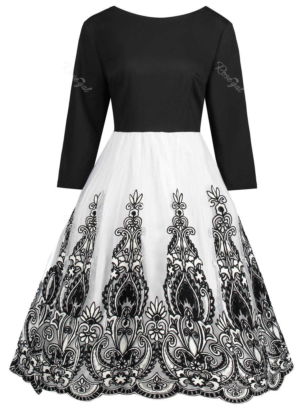 

Plus Size Boat Neck Floral Tulle Panel Dress, Black