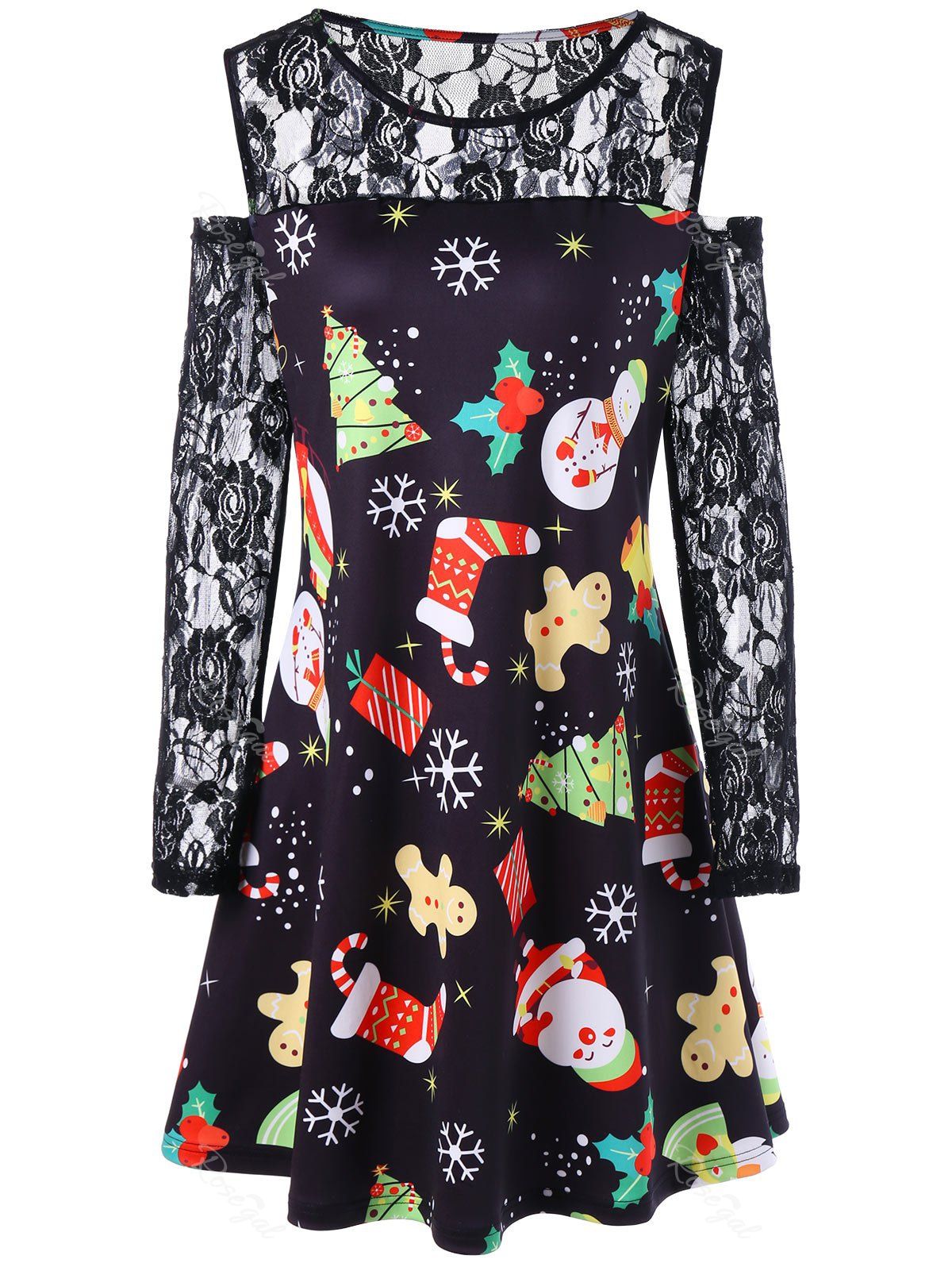 

Plus Size Christmas Lace Panel Cold Shoulder Dress, Black