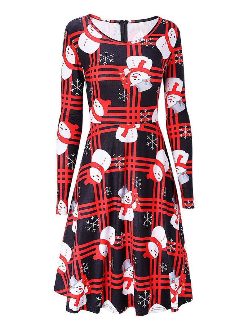 

Long Sleeve Snowman Print Christmas Swing Dress, Black