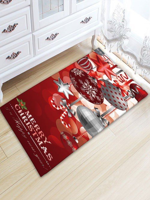 

Christmas Ornaments Ball Print Nonslip Flannel Bath Rug, Dark red