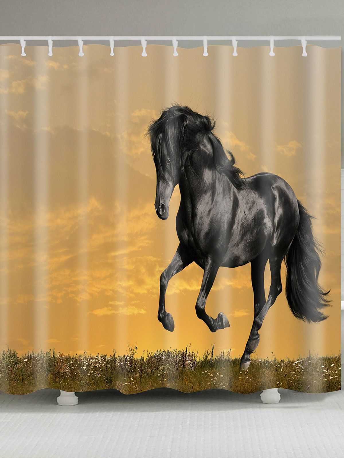 

Sunset Running Horse Pattern Shower Curtain, Gold and black