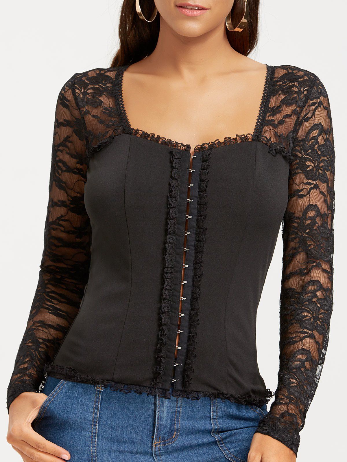 

Hollow Out Front Steel Bone Lace Blouse, Black