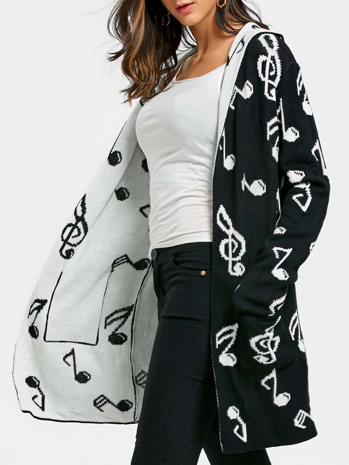 

Music Note Jacquard Hooded Cardigan, Black