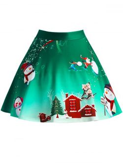 Christmas Tree Snowman Wintersweet Print Ombre Plus Size Falda - GREEN - 4XL