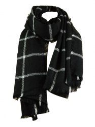 Vintage Checked Pattern Faux Wool Fringed Long Scarf -  