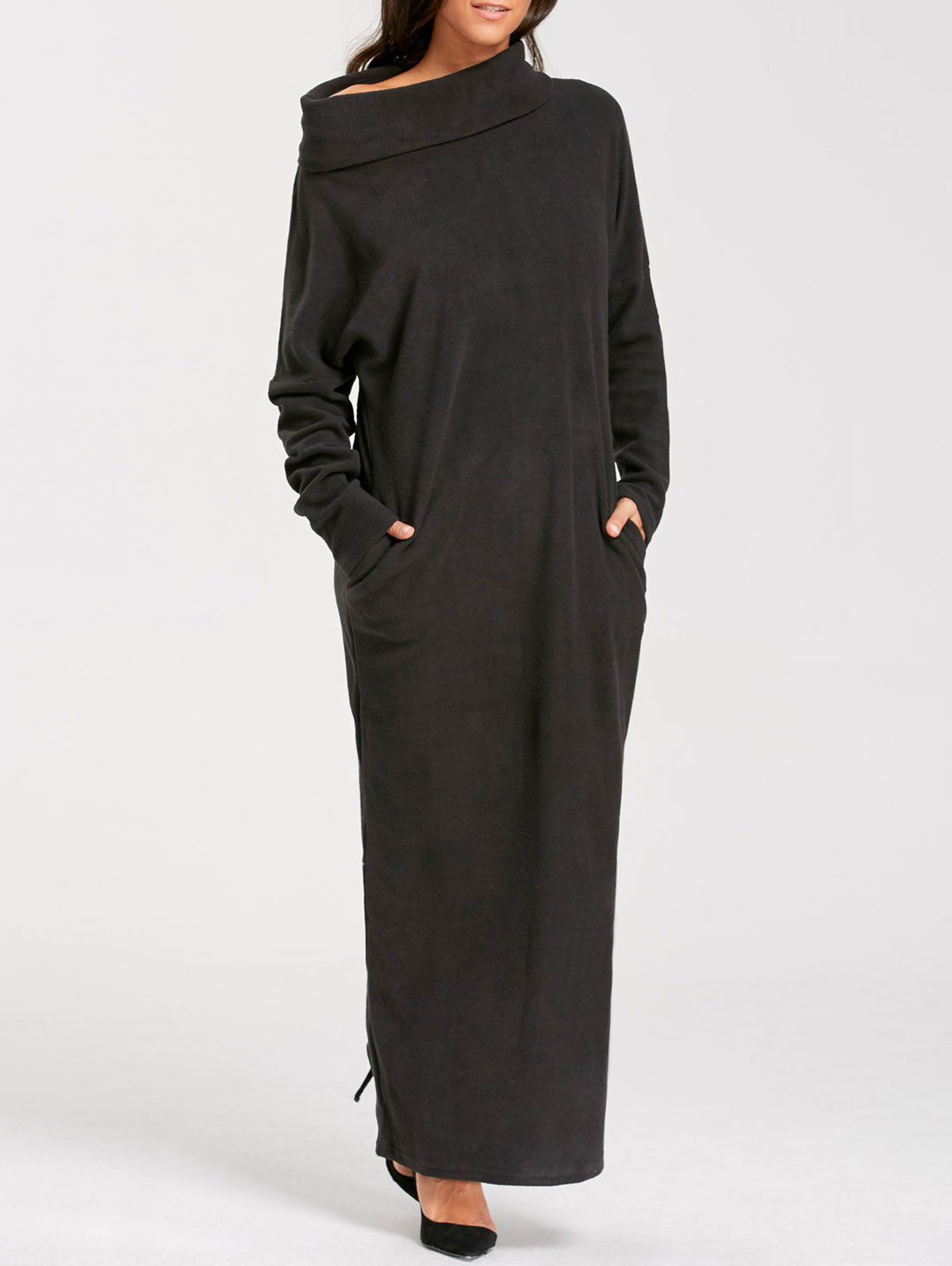 

Pocket Turtleneck Long Sleeve Floor Length Dress, Black
