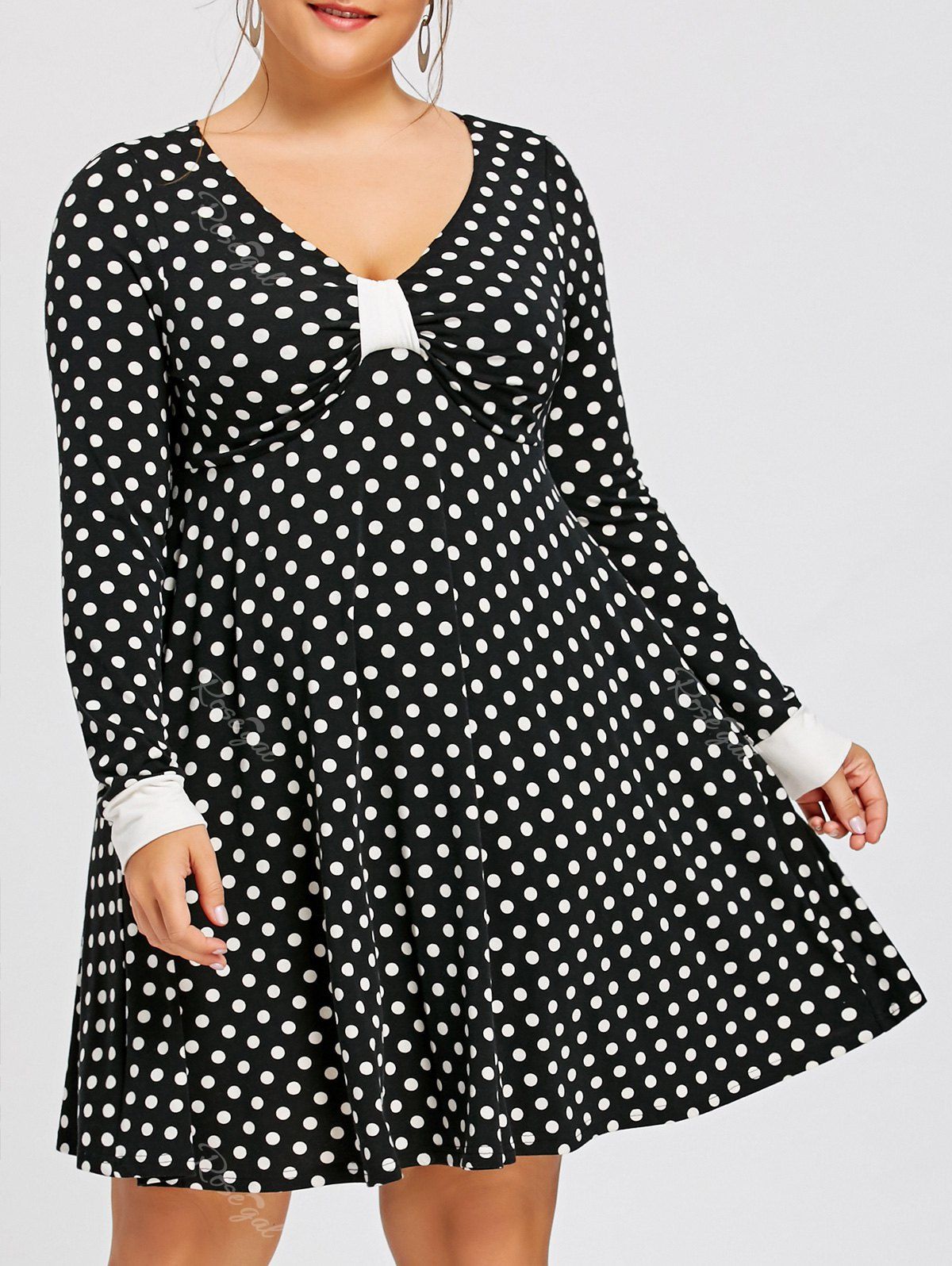 

Plus Size Long Sleeve Polka Dot Dress, White and black