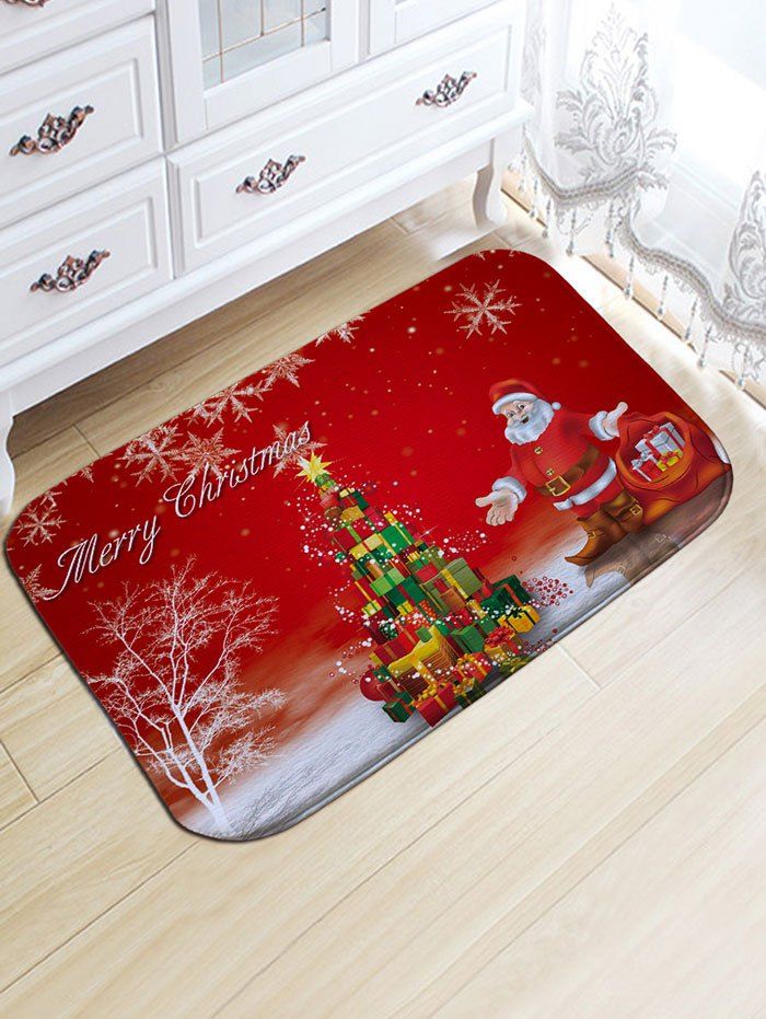 

Santa Claus Christmas Gift Print Skidproof Flannel Bath Rug, Red