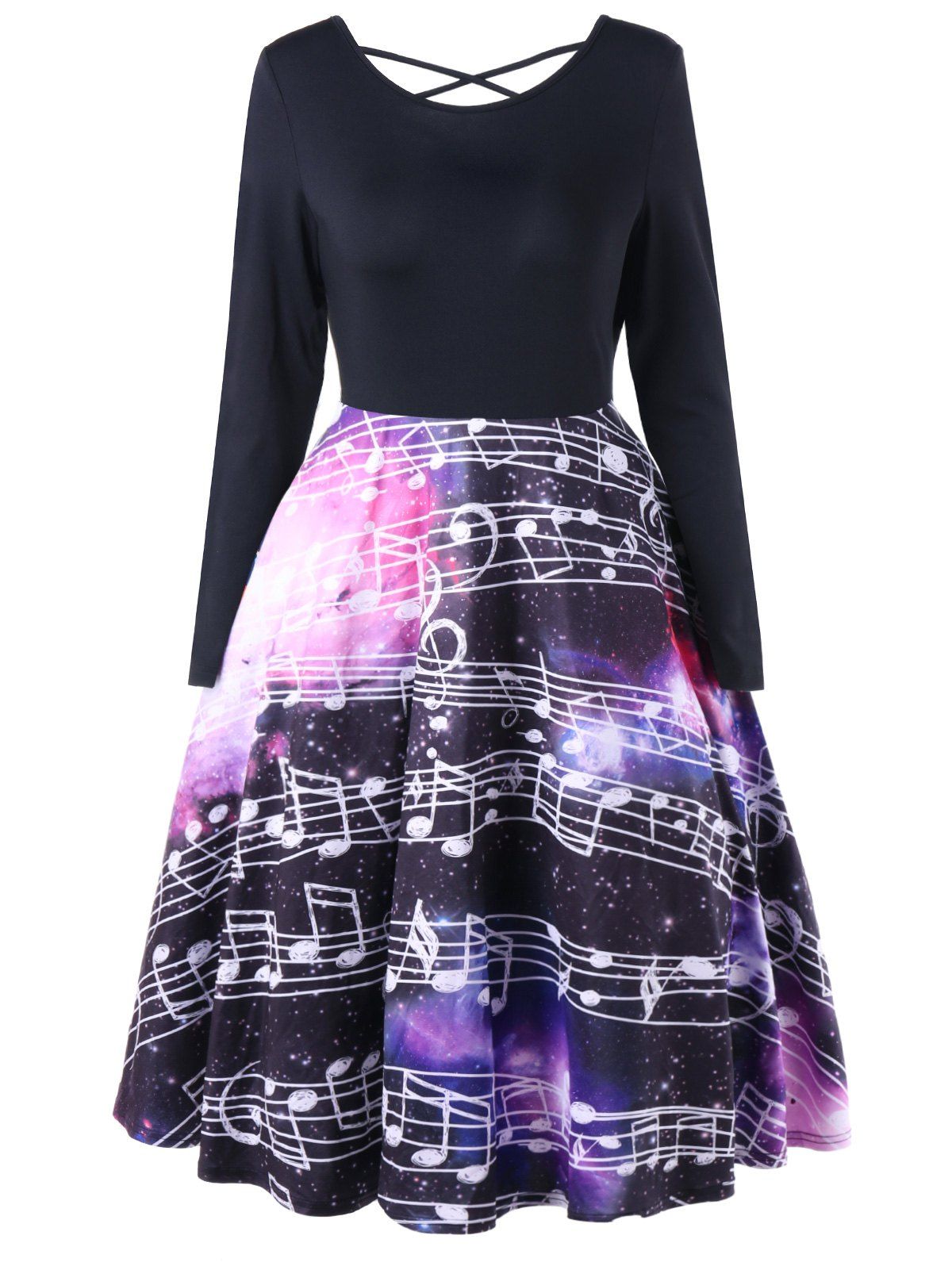 [65% OFF] Music Notes Criss Cross Swing Dress | Rosegal