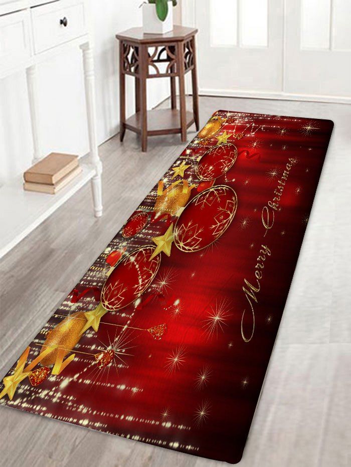 

Christmas Balls Print Skidproof Flannel Bath Rug, Dark red