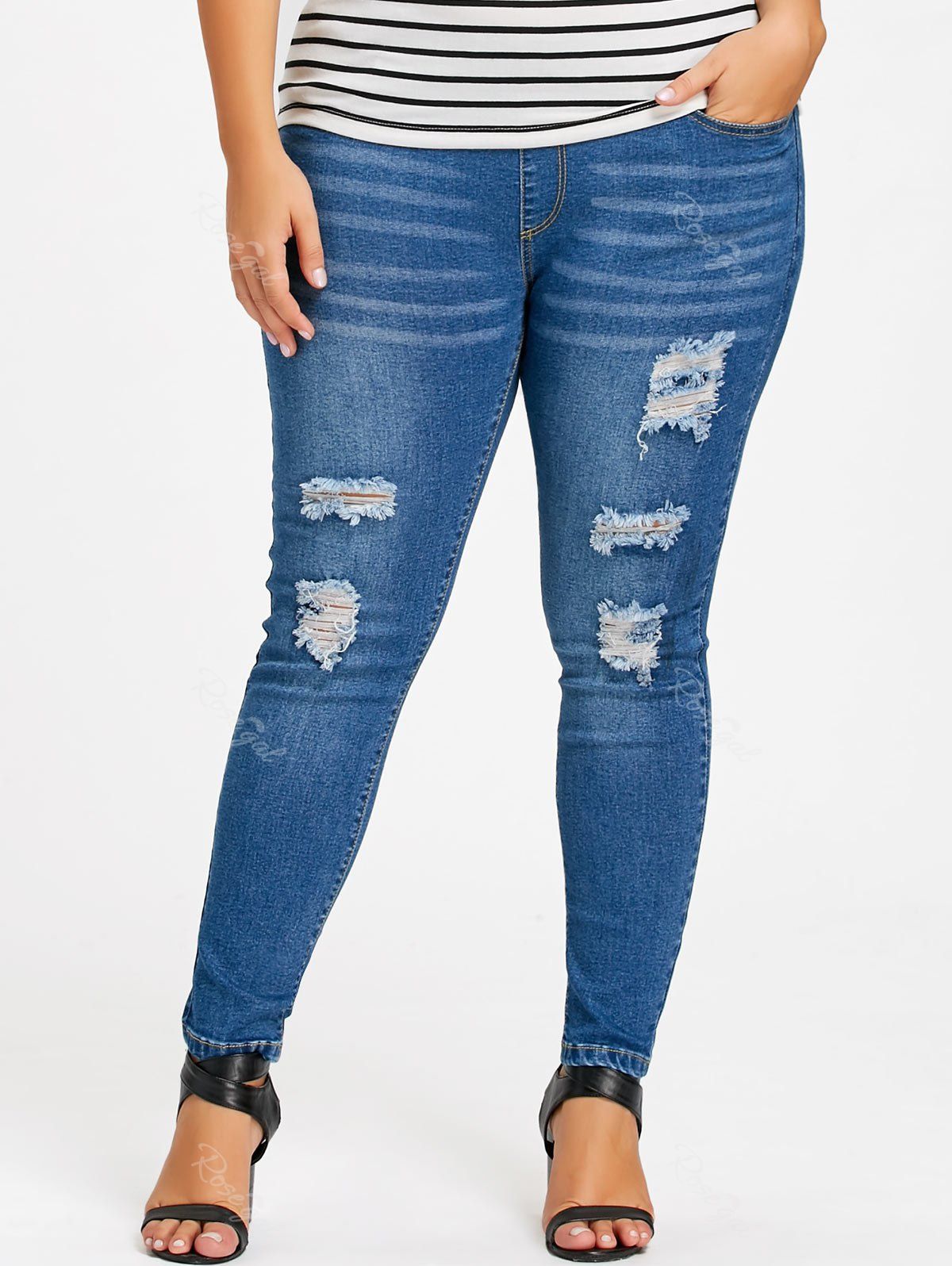 

Plus Size Destroyed Tight Jeans, Denim blue