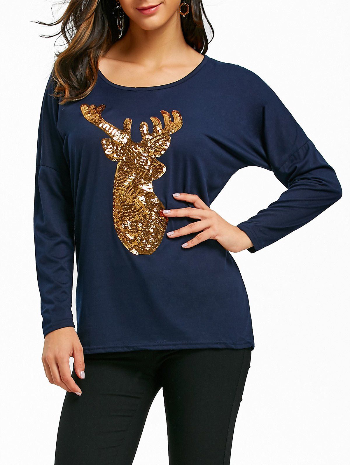 

Christmas Elk Sequin Drop Shoulder Tee, Deep blue