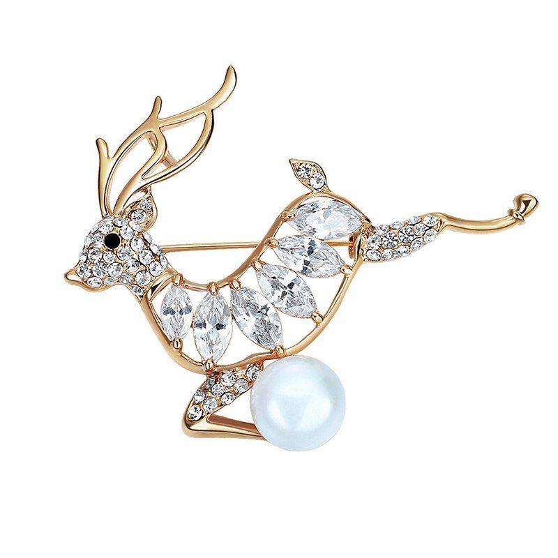 

Faux Pearl Rhinestone Christmas Deer Brooch, Golden