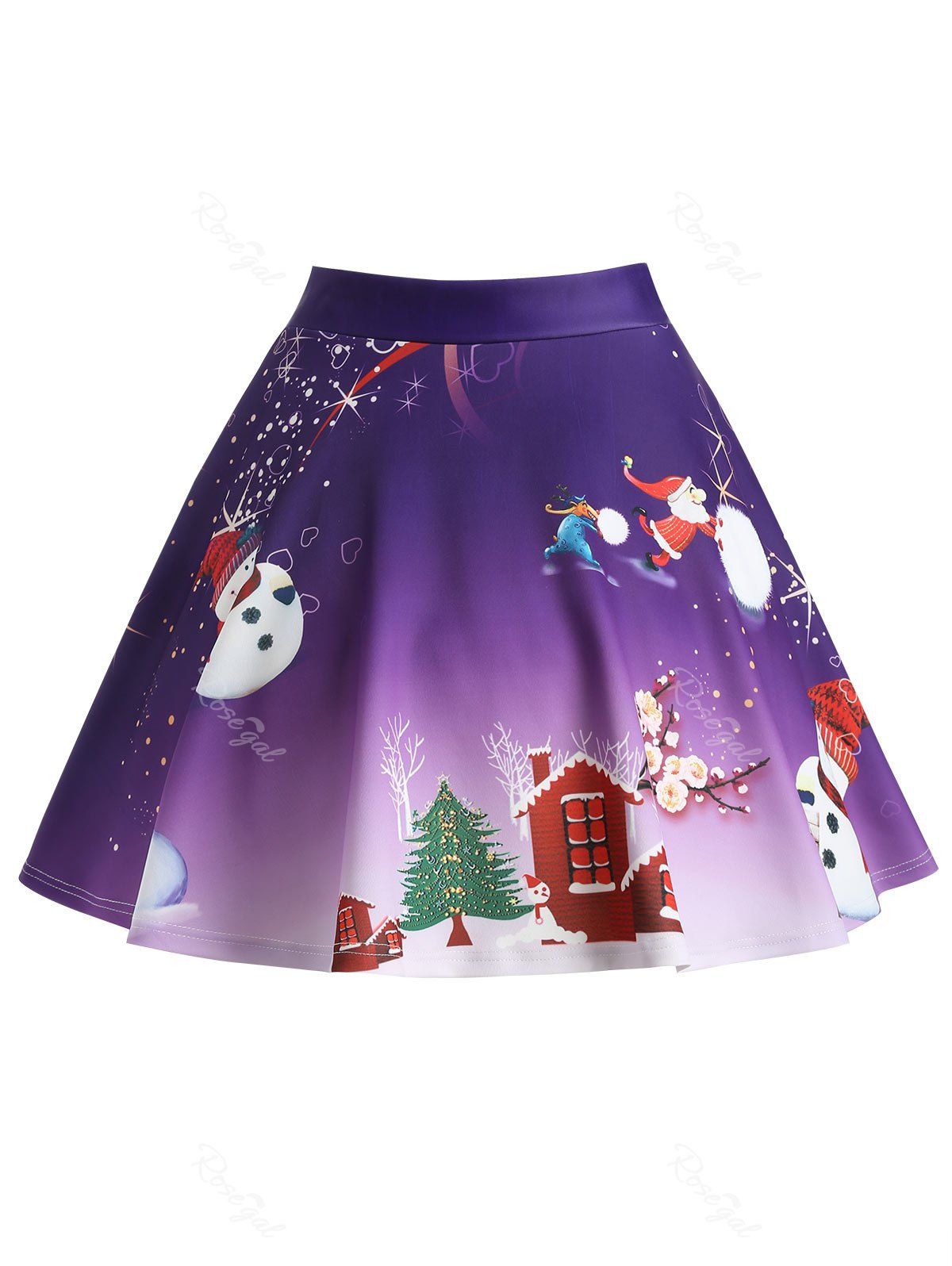 

Christmas Tree Snowman Wintersweet Print Ombre Skirt, Purple