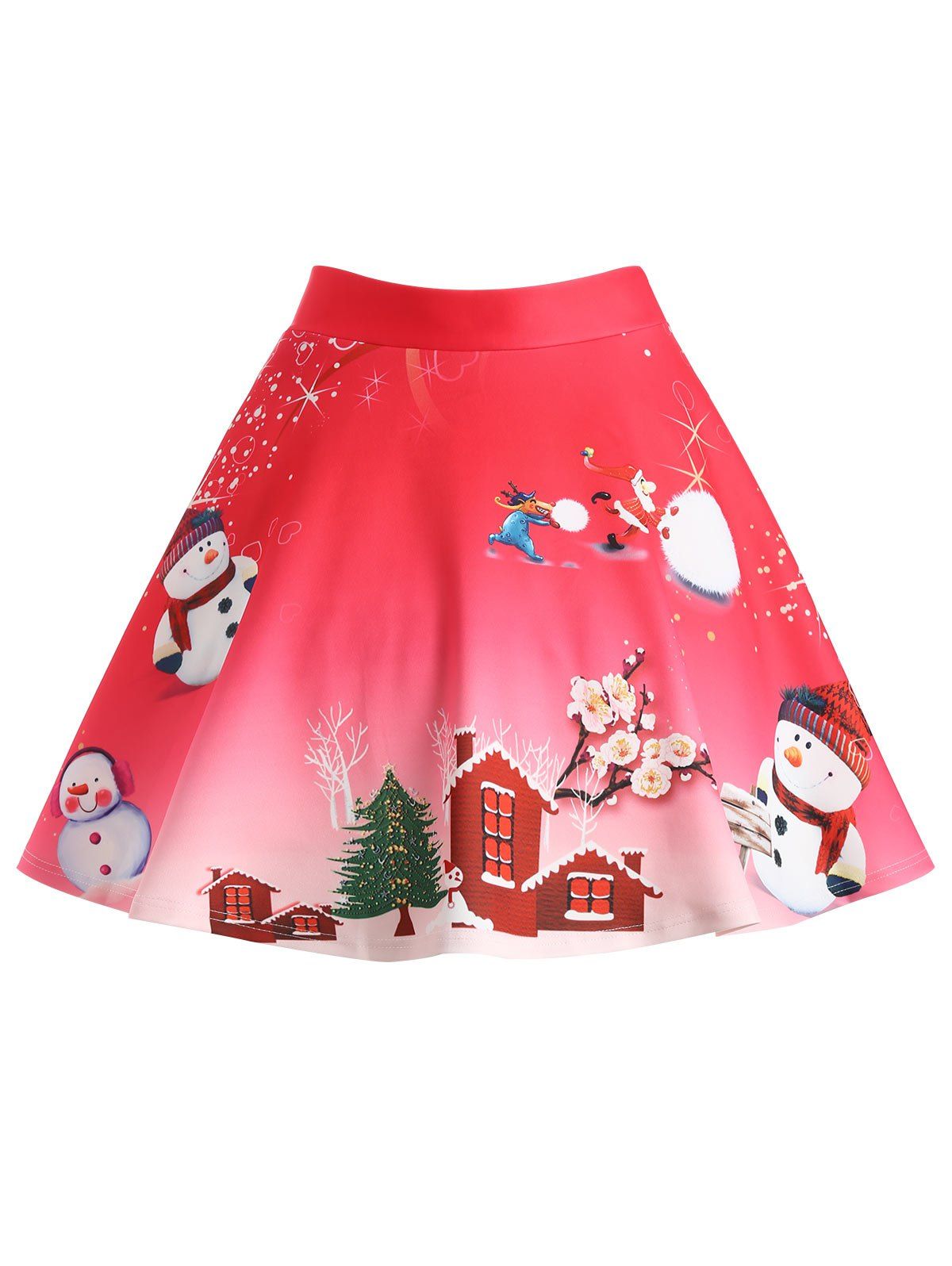 

Christmas Tree Snowman Wintersweet Print Ombre Skirt, Rose red