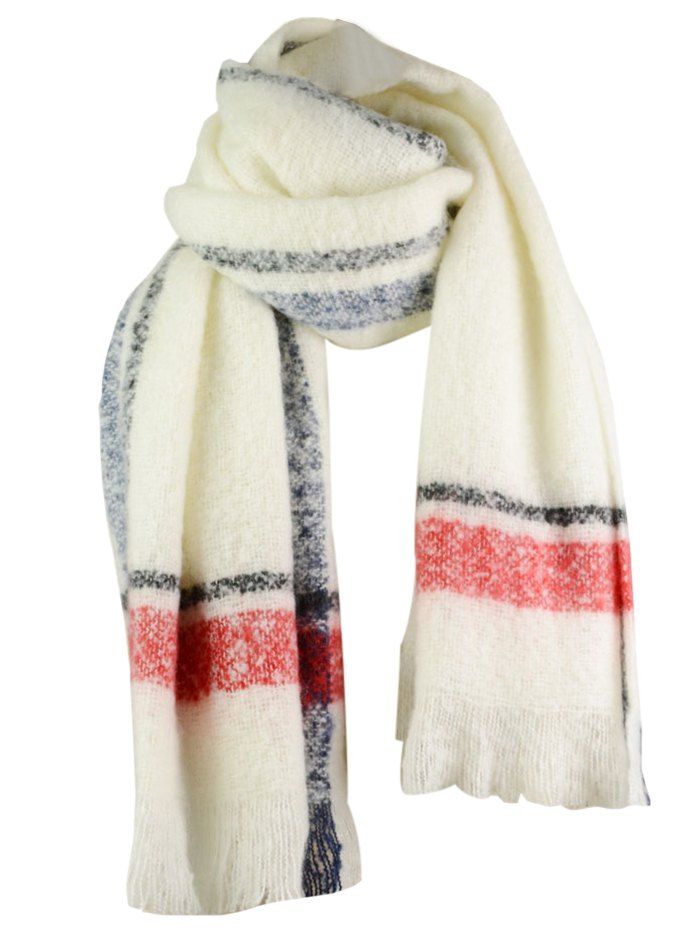 

Outdoor Striped Pattern Embellished Fringed Chunky Scarf, White