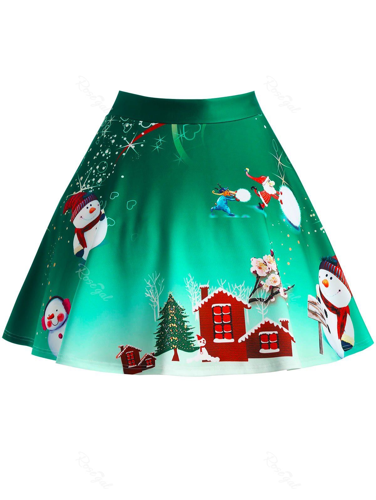 

Christmas Tree Snowman Wintersweet Print Ombre Plus Size Skirt, Green