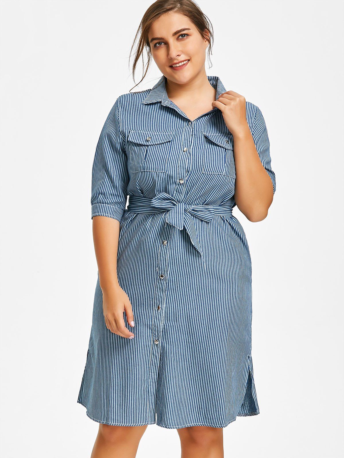 [49% OFF] Side Slit Striped Belted Plus Size Shirt Dress | Rosegal