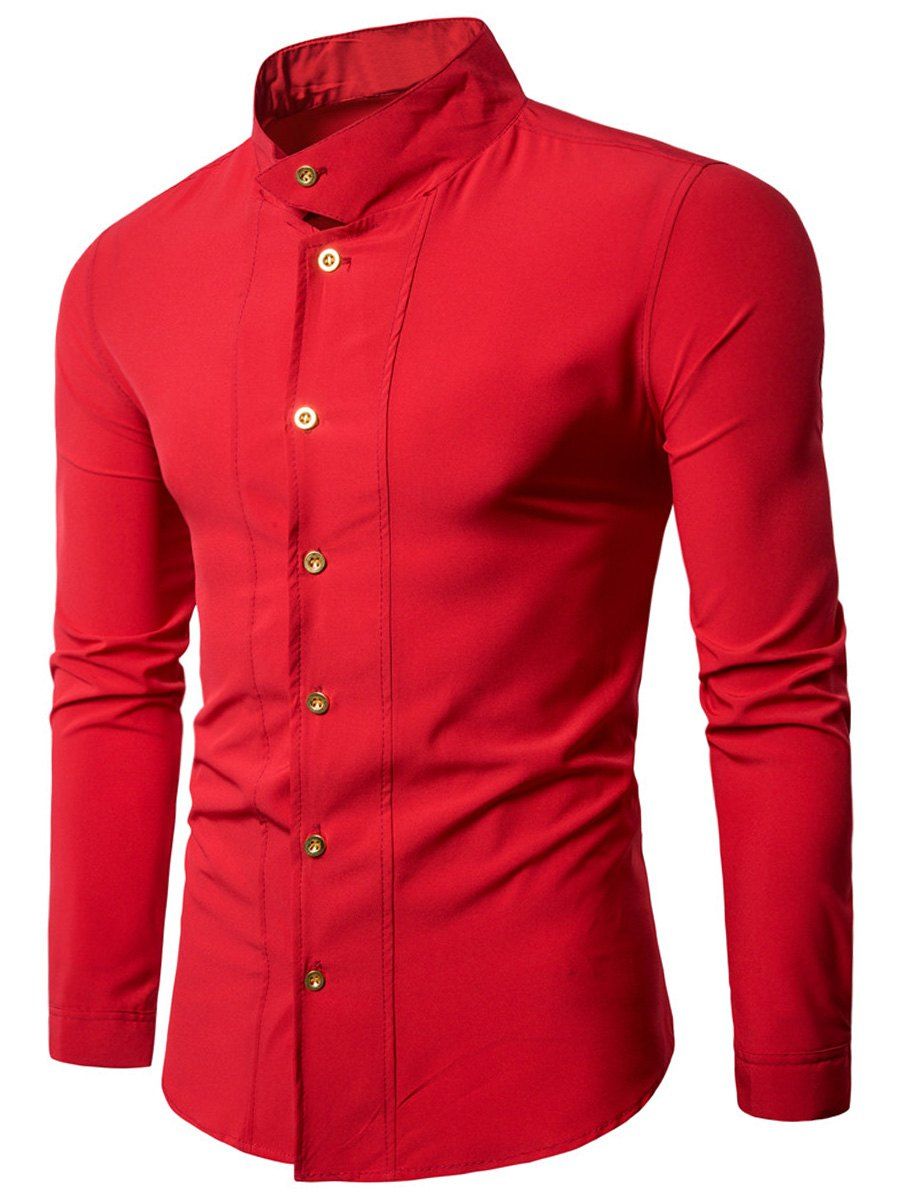 

Stand Collar Long Sleeve Casual Shirt, Red