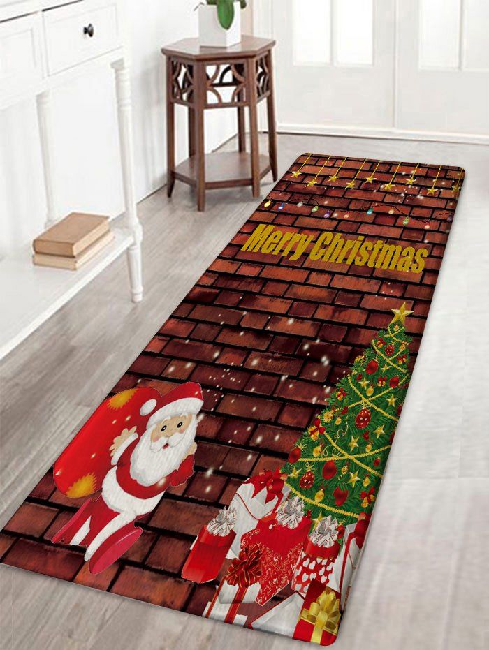 

Christmas Tree Brick Wall Santa Claus Flannel Nonslip Bath Rug, Brick-red