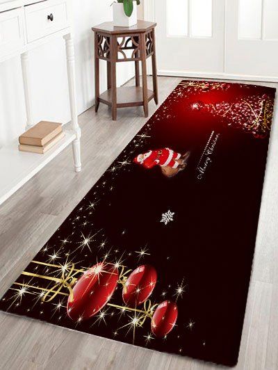 

Christmas Tree Santa Claus Print Flannel Skidproof Bath Rug, Black red