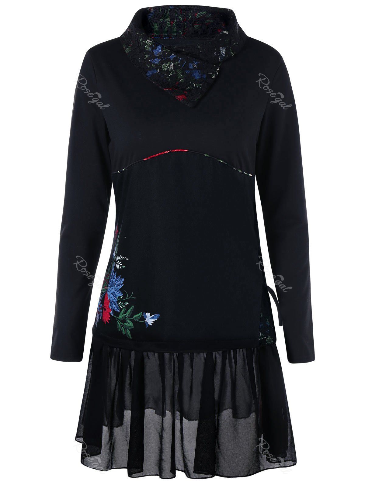

Plus Size Lace Trim Long Sleeve Dress, Black