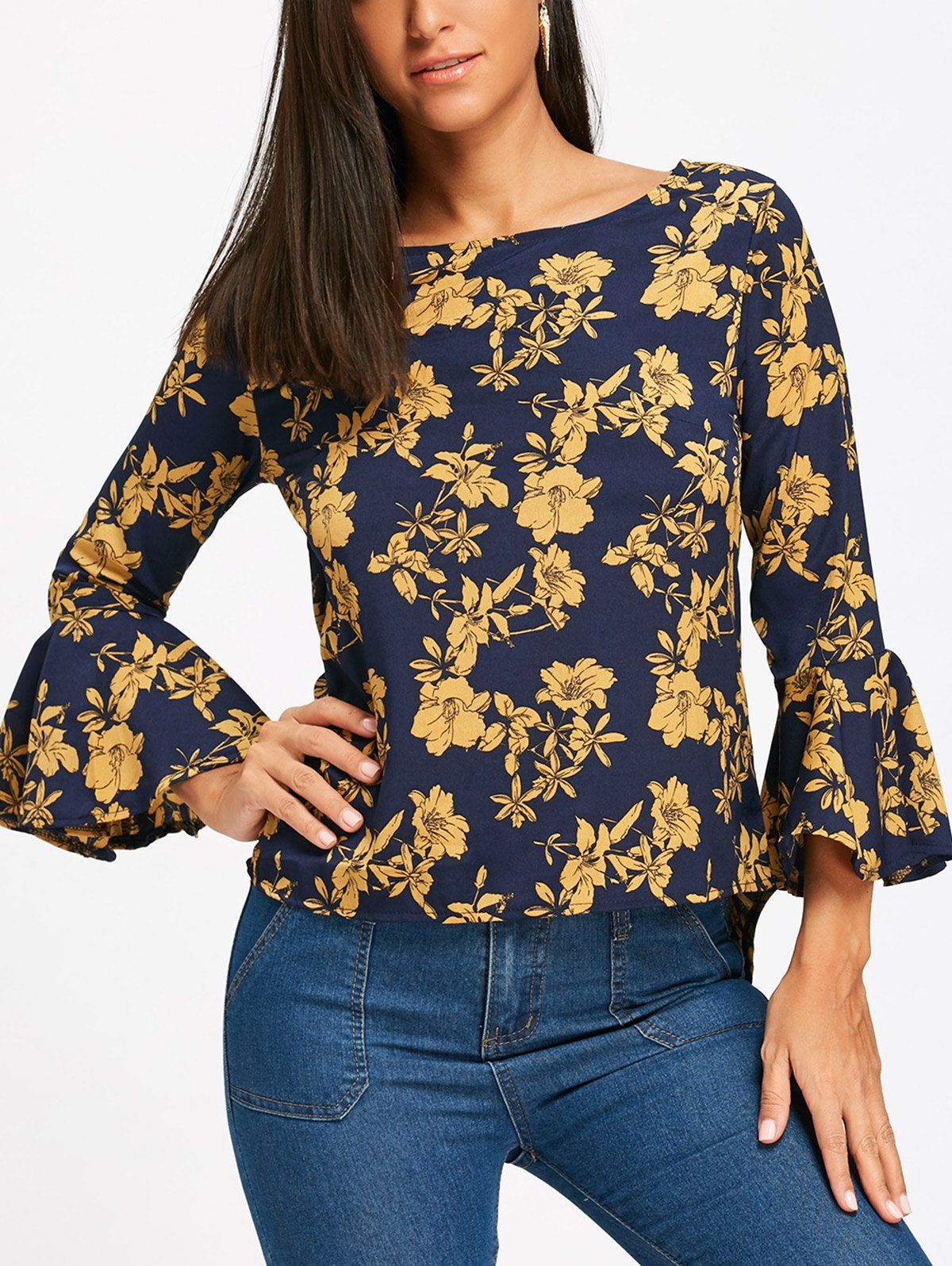 

Flare Sleeve High Low Floral Blouse, Blue