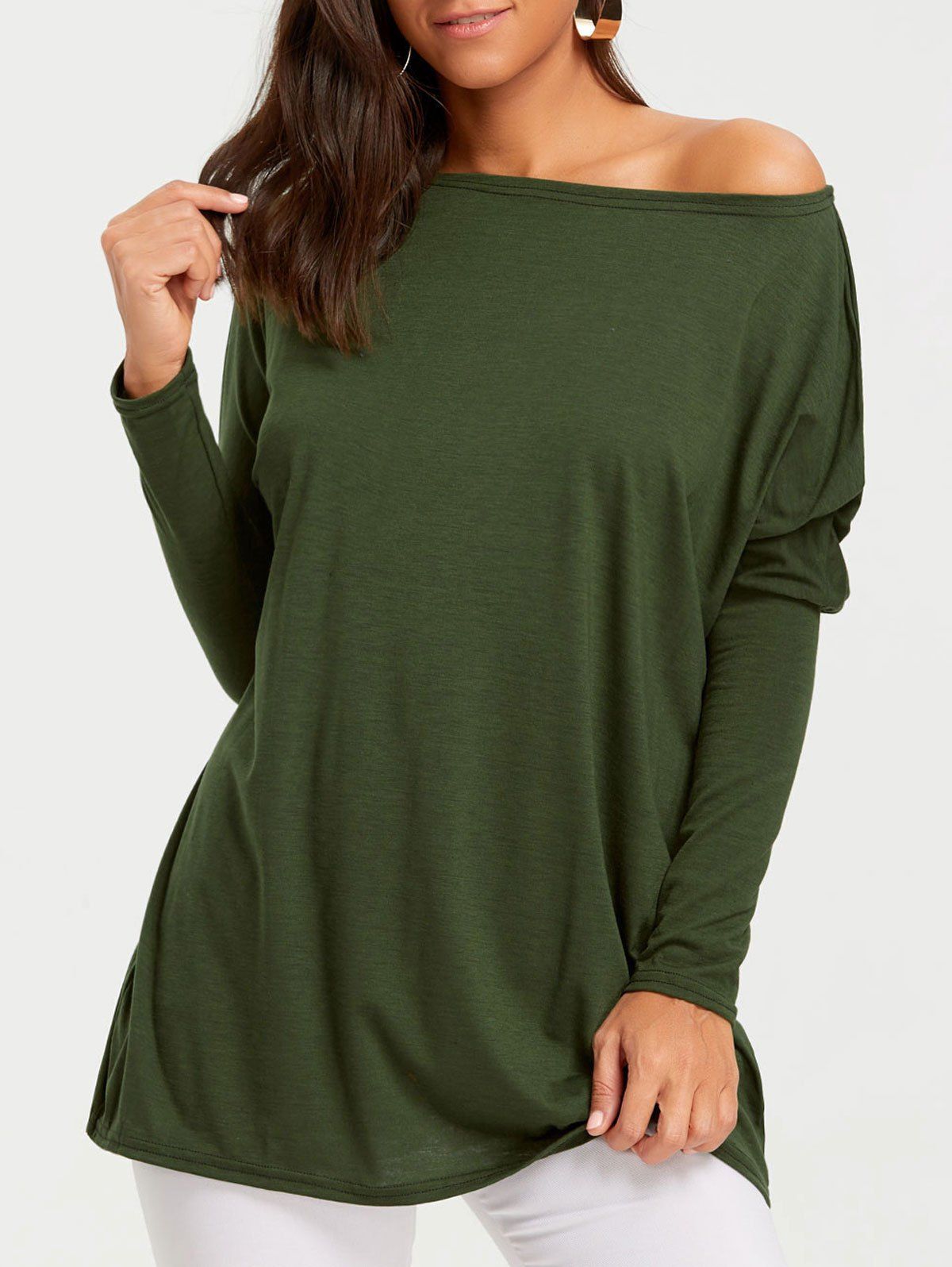 

Batwing Sleeve Skew Neck Tunic T-shirt, Army green