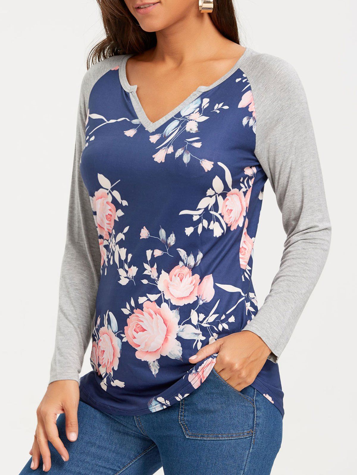 

V Neck Floral Baseball T-shirt, Cadetblue