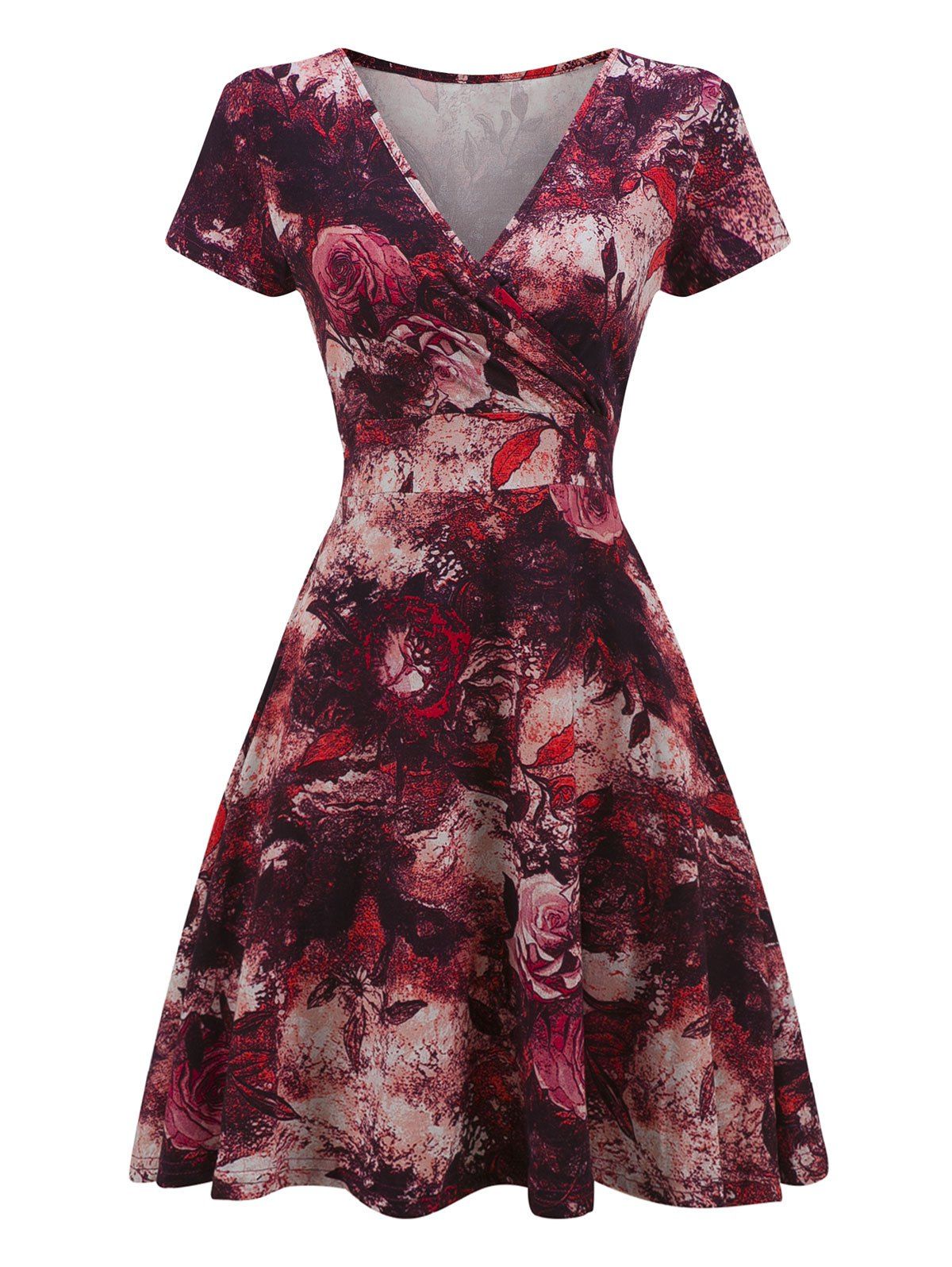 

Vintage Floral Print Tie Dye Mini Surplice Dress, Burgundy