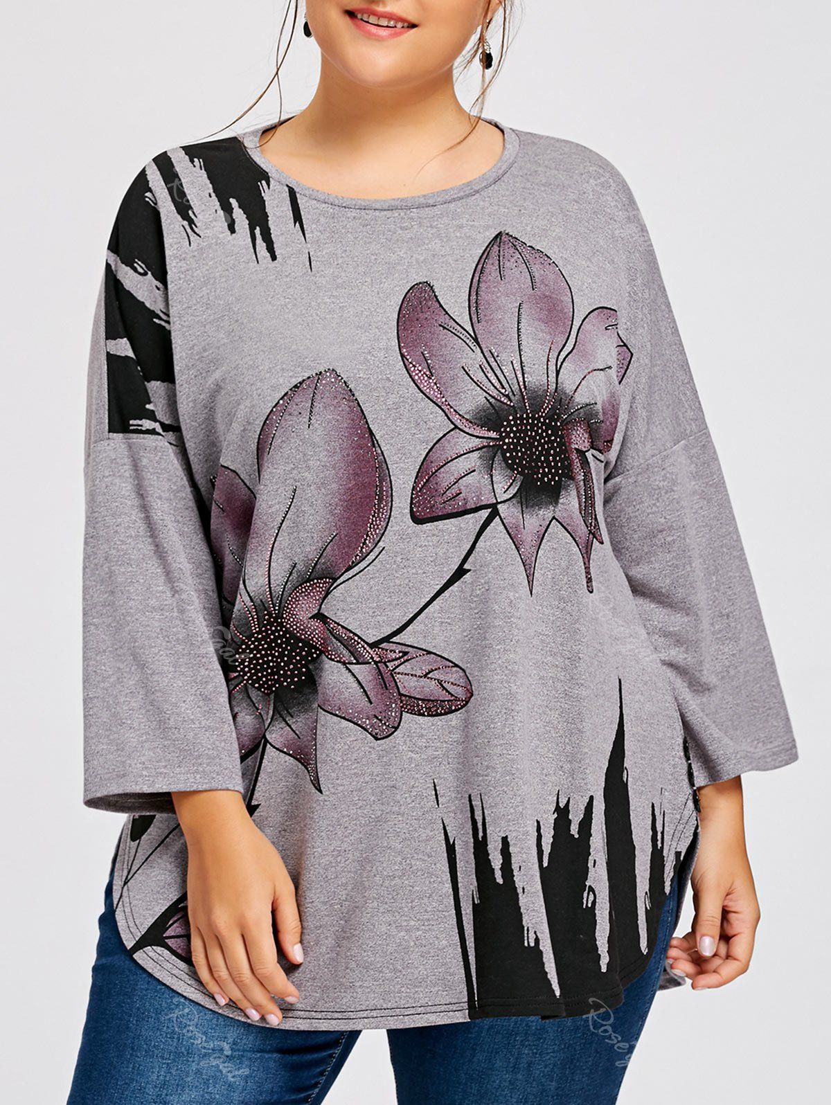 

Plus Size Floral Rhinestone Embellished Drop Shoulder T-shirt, Colormix