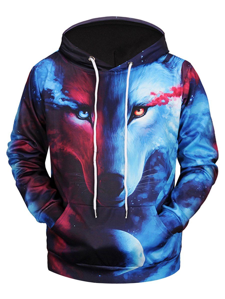 

3D Wolf Print Kangaroo Pocket Pullover Hoodie, Colormix