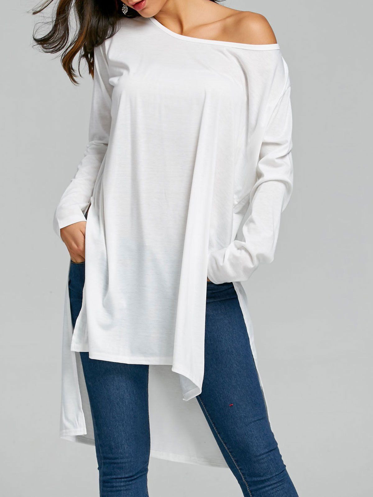 

Side Slit Long Sleeve High Low Top, White