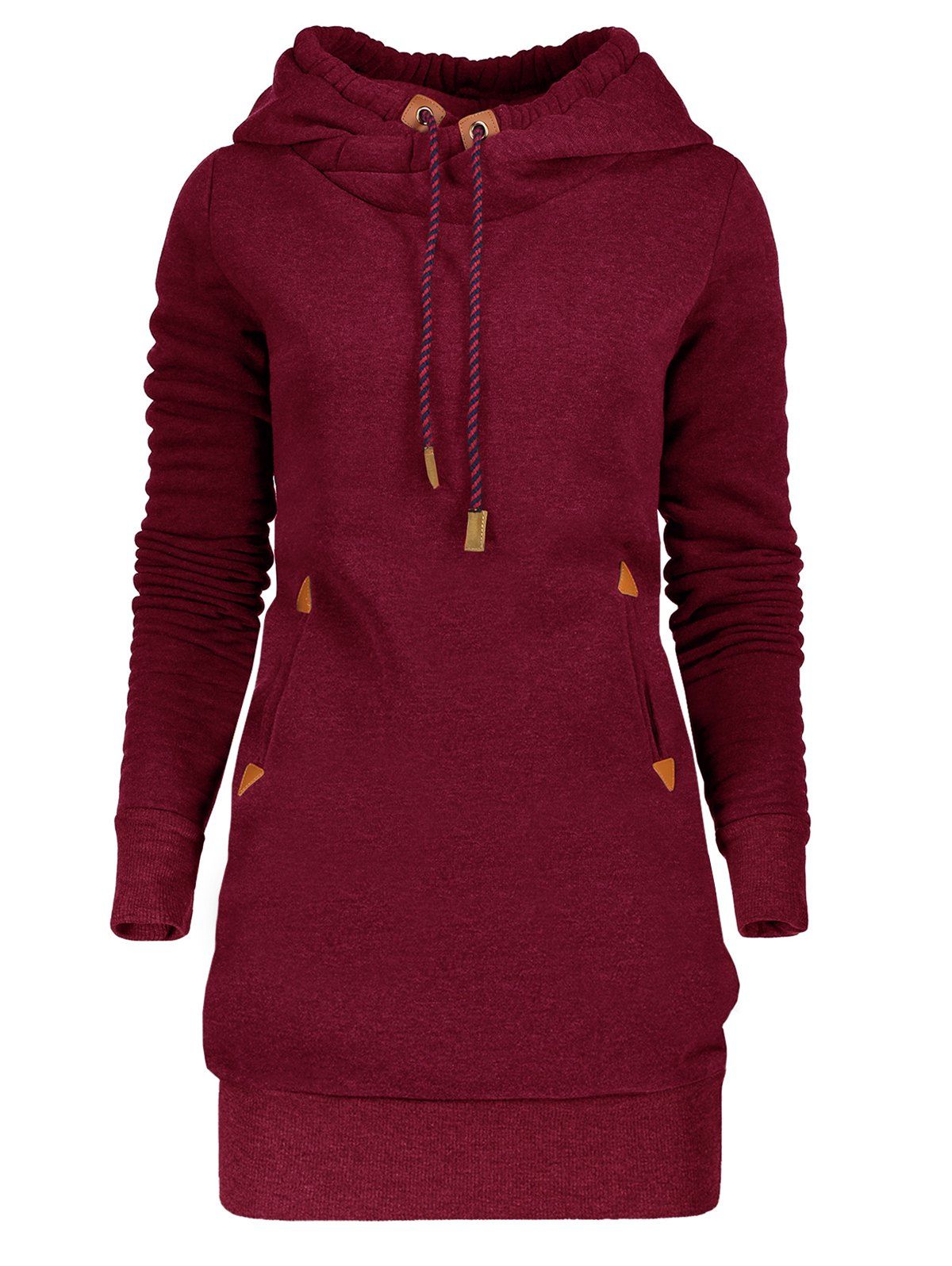 

Drawstring Tunic Hoodie Dress with Pocket, Wine red