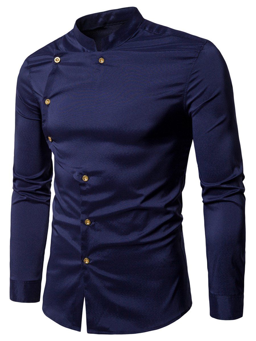 

Mandarin Collar Asymmetrical Button Up Shirt, Purplish blue